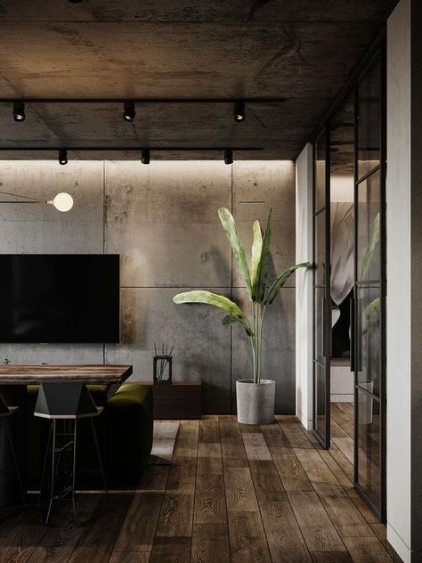 Industrial And Rustic Decor, Industrial Modern Design Interiors, Industrialist Living Room, Concrete Office Interior Design, Interior Design Industrial Minimalist, Concrete Industrial Interior, Industry Interior Design, Industrial Modern Apartment, Pant House Design