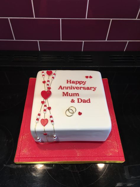 For Mum & Dad with wedding rings and hearts Anniversary Cakes For Parents, Ruby Anniversary Cake, Cake For Mum, Happy Anniversary Cakes, Ruby Anniversary, Parents Anniversary, Wedding Anniversary Cake, Parents Wedding, Mom Wedding