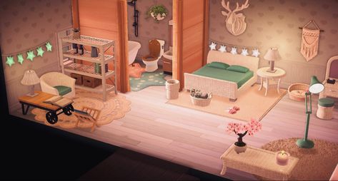 Acnh Bedroom With Bathroom, Animal Crossing Second Floor Ideas, Acnh Bedroom Inspiration, Bedroom Animal Crossing, Acnh Bedroom, Acnh Aesthetics, Acnh Interior, Acnh Inspiration, Bedroom With Bathroom