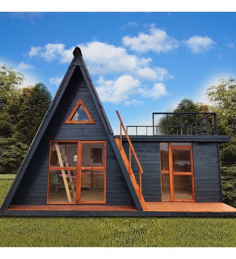 Ahşap teraslı balkonlu üçgen tasarım glampvan tiny House Modeli | Kadınca Fikir Triangle Tiny House, Incredible Tiny Homes, A Frame Cabin Plans, Tiny House Village, A Frame House Plans, Frame Cabin, Rest House, Frame House, Tiny Cabin