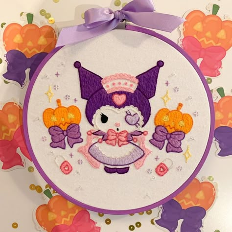 Anger Outlet, Kuromi Cross Stitch, Sanrio Embroidery, Kuromi Embroidery, Kawaii Embroidery, Halloween Sanrio, Crafting Hobbies, Studio Ghibli Crafts, Embroidery Drawing