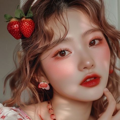 Strawberry Makeup Look Korean, Kwailnara Strawberry, Strawberry Makeup Look, Skincare And Makeup Routine, Korean Strawberry, Berry Makeup, Strawberry Makeup, Fair Costume, Themed Makeup