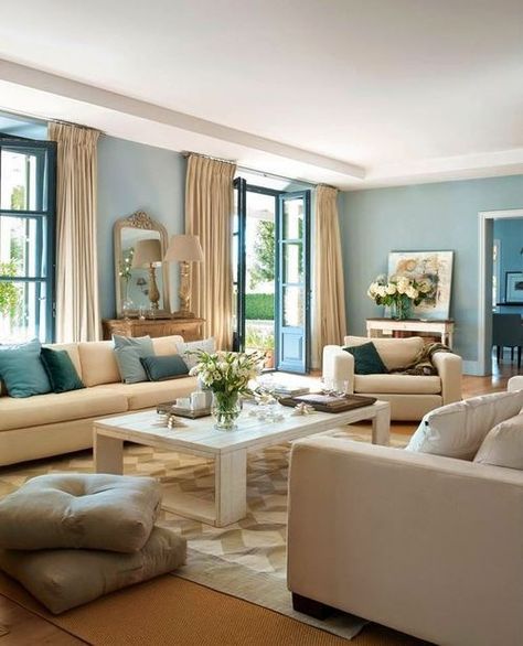 Living room Blue Living Room Color, Light Blue Living Room, Brown And Blue Living Room, Blue Walls Living Room, Furnitur Ruang Keluarga, Light Blue Walls, Blue Living Room Decor, Beige Living Rooms, Living Room Color Schemes