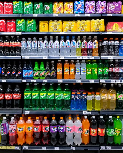 Variety of energy drinks, soda, soft drinks, with various brands product in bottles and cans on the shelves in a grocery store supermarket. Supermarket Reference, Soft Drinks Sodas, Grocery Drinks, Supermarket Aesthetic, Groceries Store, Supermarket Products, Drinks Soda, Fav Drink, Meal Replacement Drinks