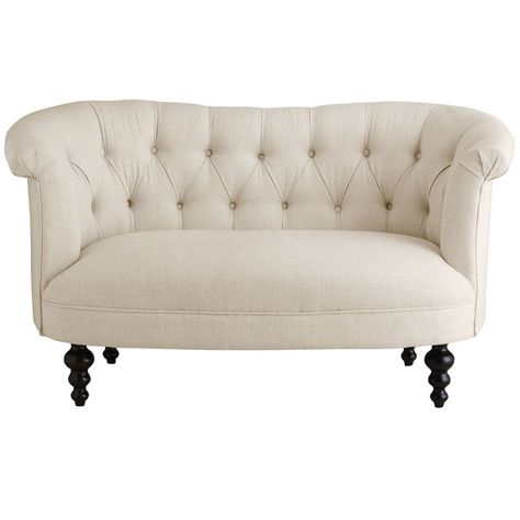 A pretty offspring of the classic Chesterfield, our fabric-clad Colette is as flirty as they come. Characteristic raised rolled arms and deep button tufting reveal the family resemblance, but a gently arched back and well-turned legs set this ingenue apart. Vintage Love Seat, Beige Loveseat, Antique White Furniture, Chesterfield Loveseat, Affordable Sofas, Tufted Furniture, White Couch, Tufted Loveseat, Affordable Sofa