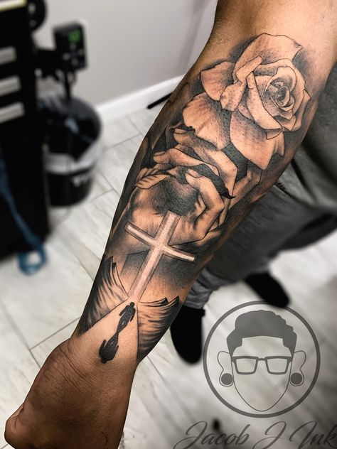 Rose and Cross -Quarter Sleeve Tattoo #tattoosformen #crosstattoos Quarter Sleeve Tattoo, Sleeve Tattoo Designs, Small Wave Tattoo, Quarter Sleeve Tattoos, Rose Tattoo Sleeve, Rose Tattoos For Men, Cross Tattoo For Men, Forearm Sleeve Tattoos, Cool Forearm Tattoos