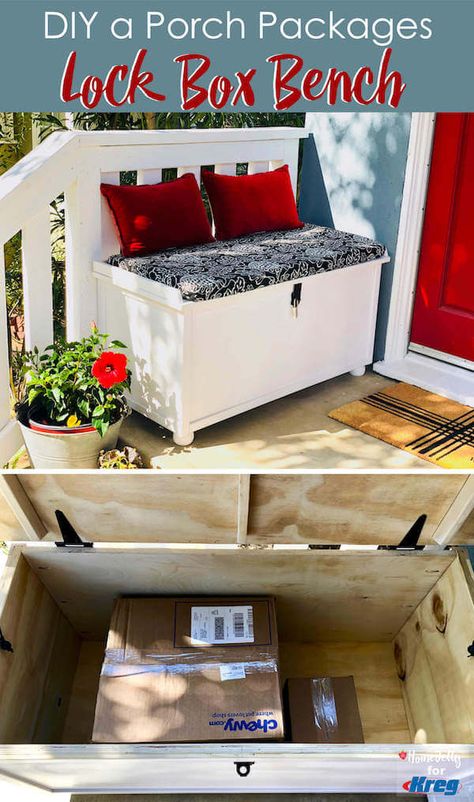 DIY a Porch Packages Lock Box Bench - a perfect way to keep your holiday and everyday deliveries more secure from porch pirates! Porch Box For Deliveries, Porch Drop Box Ideas, Front Porch Storage Bench, Outdoor Box For Packages, Diy Porch Package Storage, How To Hide Packages On Porch, Package Holder For Porch, Porch Pirate Box Diy, Front Porch Ideas To Hide Packages