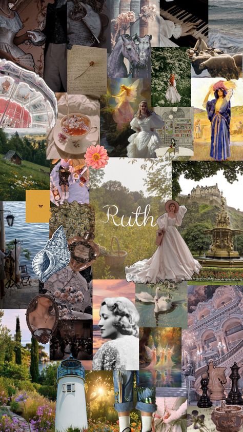 If the name Ruth was an aesthetic. The collage includes flowers,pretty women in white dresses,letters and envelopes,beaches,a seashell,a mirror, extravagant palaces, and a cottage and multiple gardens. Ruth Aesthetic, Ruth Core, Ruth Name, An Aesthetic, + Core + Aesthetic