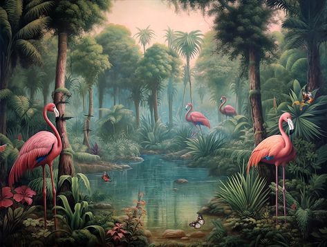 wallpaper jungle and leaves tropical forest mural flamingo and birds old drawing vintage background Ananbo Wallpaper, Jungle Landscape, Forest Mural, Foggy Forest, Jungle Wallpaper, Pastel Palette, Tropical Forest, Forest Wallpaper, In The Jungle