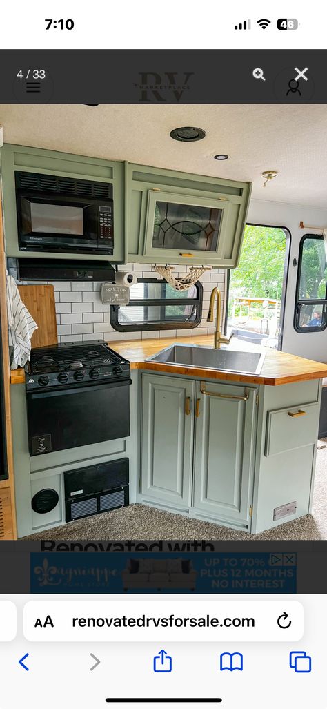 Sage Green Rv Interior, Green Camper Interior, Rv Kitchen Remodel, Curved Kitchen, Rv Interior Remodel, Camper Interior Design, Camper Kitchen, Sage Green Kitchen, Rv Kitchen