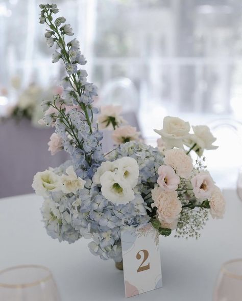 Pink Blue White Flower Arrangement, Coastal Grandma Wedding Flowers, Pastel Wedding Centrepiece, Dusty Blue And Pink Centerpieces, Periwinkle Centerpieces Wedding, Pink And Blue Hydrangea Centerpiece, Pink Blue White Wedding Centerpieces, Periwinkle And Blush Wedding, Wedding Bouquets Bride Simple