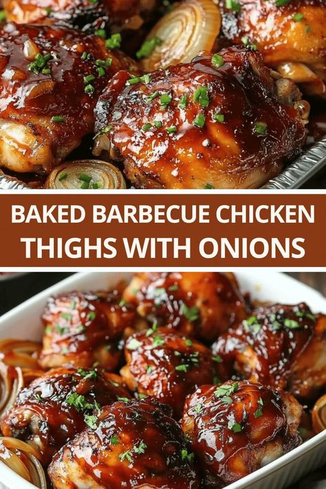 Baked Barbecue Chicken Thighs with Onions Barbecued Chicken Thighs, Baked Bbq Chicken Thighs Bone In, Oven Barbecue Chicken Thighs, Healthy Chicken Thigh Recipes Baked, Bbq Chicken Thighs In Oven, Bake Chicken Thighs In Oven, Baked Barbecue Chicken Thighs, Chicken Theighs, Barbecue Baked Chicken