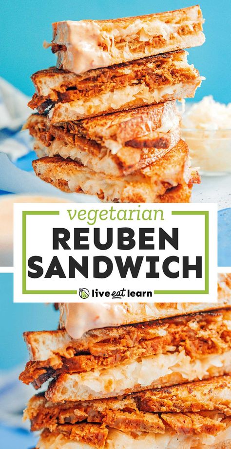 Need some new vegetarian sandwich inspiration? Dive into this vegetarian Seitan Reuben Sandwich, complete with Swiss cheese, thousand islands dressing, and sauerkraut! It's a flavor packed healthy lunch idea that's easy to make (and perfect for St. Patrick's Day!). #vegetarian #sandwich #reuben #stpatricksday Vegetarian Reuben, Sandwich Inspiration, Reuben Sandwich Recipe, Vegetarian Lunch Recipes, Ultimate Sandwich, Vegetarian Sandwich Recipes, Tacos Vegan, New Vegetarian, Healthy Packed Lunches