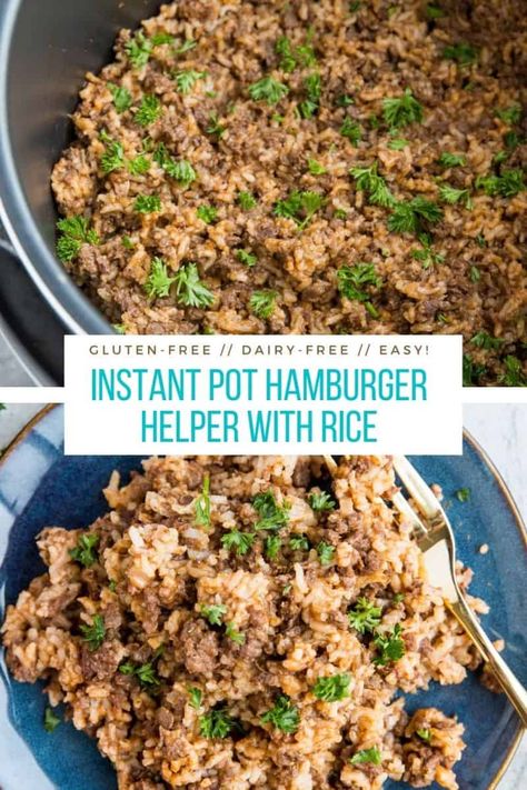 Instant Pot Hamburger Helper with Rice - gluten-free, dairy-free, healthy version of the classic recipe. A delicious comforting and healthy dinner recipe #glutenfree #dairyfree #dinnerrecipe #beef #instantpot #pressurecooker Hamburger Helper With Rice, Rice Instant Pot Recipes, Instant Pot Hamburger Helper, Hamburger And Rice Recipes, Rice Instant Pot, Gluten Free Hamburger, Instapot Meals, Hamburger Helper Recipes, Gluten Free Instant Pot