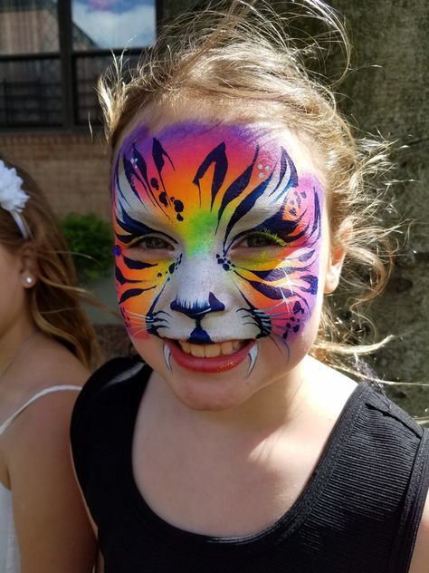 Rainbow Tiger by GemFaceNY.com Rainbow Tiger Face Paint, Rainbow Face Makeup, Kids Face Painting Easy, Tiger Face Paint, Rainbow Tiger, Tiger Costume, Rainbow Face, Face Paints, Face Painting Easy