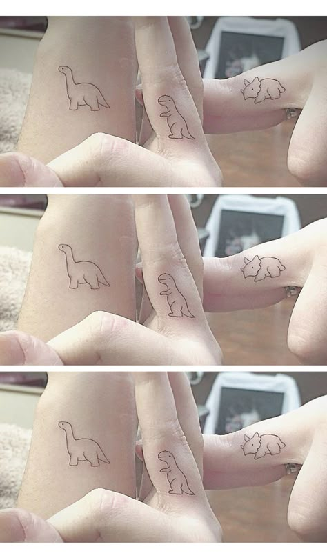 Simple Matching Finger Tattoo Ideas for Bestfriends, Siblings, Sisters, for 3 - Minimal Dinosaur Tatouage - Ideas Del Tatuaje - www.MyBodiArt.com Siblings Tattoo For 3, Matching Cousin Tattoos, Cousin Tattoos, Sisters Tattoo, Small Matching Tattoos, Matching Sister Tattoos, Dinosaur Tattoos, Sibling Tattoos, Omerta Tattoo