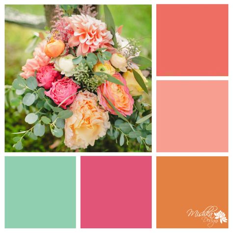 Pink Orange Mint Wedding, Magenta Coral Color Palettes, Coral Pink Green Palette, Sage Pink Orange Wedding, Pale Pink And Orange Wedding, Pink Orange Green Color Scheme, Orange And Pink Wedding Theme, Pink And Orange Wedding Theme, Coral Wedding Colors Scheme