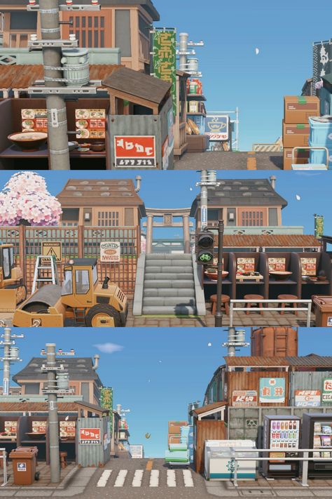 Retro Japanese City Speed Build & Construction Sites Acnh Island Inspirations Japanese, Animal Crossing New Island Ideas, Acnh Island Ideas City, Acnh City Building Designs, Acnh City Building, Japanese Acnh Design, Anch Japanese Ideas, Acnh Island Builds, City Ideas Animal Crossing