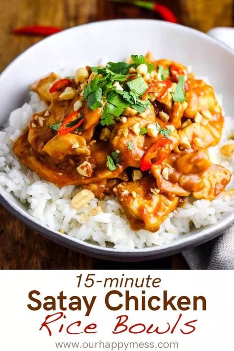 You won\'t believe how quickly this chicken satay rice bowl comes together, for something so tasty! This easy Asian stir fry has a perfect punchy peanut sauce that coats tender chicken breast pieces. Served on rice or rice noodles with crunchy peanuts, fresh cilantro and a few Thai chiles, this is a colorful and delicious 20-minute weeknight meal. #chicken #chickendinner #dinnerrecipes #easydinnerrecipes Chicken Breast Pieces, Chicken Rice Bowls, Summer Meals, Chicken Satay, Chicken Dishes Recipes, Peanut Sauce, Rice Bowl, Asian Cooking, Rice Noodles