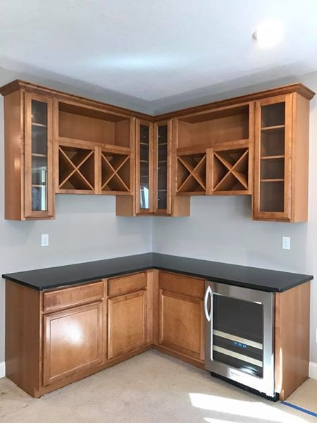 L-Shaped dry bar cabinets. Granite could be included if in good shape when torn out. Measures 73" x 77 1/4" x 25 1/2D. Beverage Fridge NOT included. L Shaped Corner Coffee Bar, L Shape Bar Design, Corner Kitchen Bar Counter, L Shaped Coffee Bar Ideas, L Shaped Bar Against Wall, Corner Wall Bar Ideas For Home, L Shaped Dry Bar, L Shaped Wet Bar Basement, L Shaped Kitchenette Basement