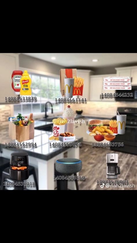 Bloxburg Kitchen Ideas Big Realistic, Bloxburg Codes For Kitchen, Mcdonalds Roblox Decal Id, Decals Bloxburg Kitchen, Bloxburg Kitchen Decals, Bloxburg Kitchen Decals Codes, Realistic Bloxburg House, Pictures Codes, Bloxburg Food