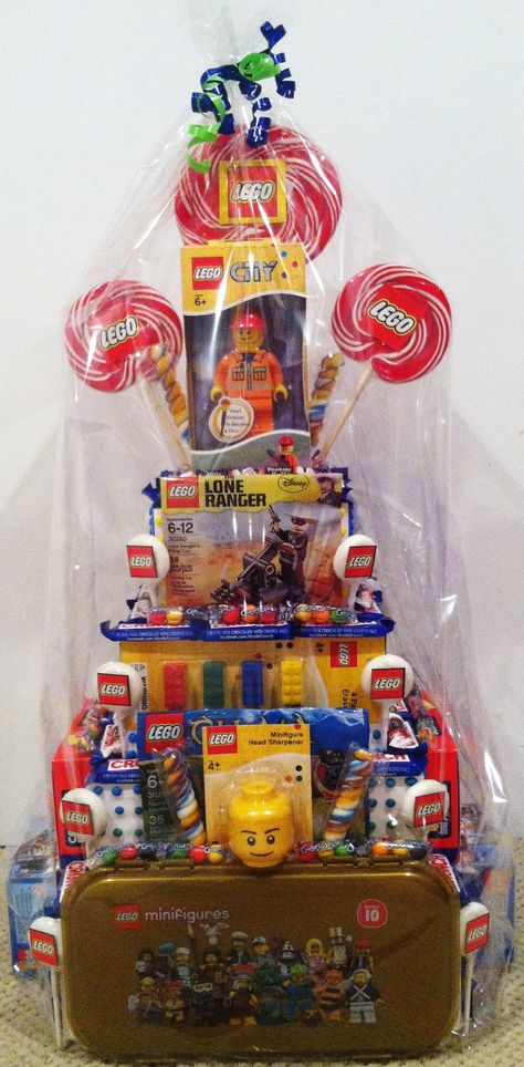 Lego Party! Filled with Lego Candy and Lego Toys! Lego Theme Raffle Basket, Lego Silent Auction Basket, Lego Auction Basket Ideas, Lego Basket Ideas, Lego Themed Gift Basket, Lego Gift Basket Ideas, Lego Raffle Basket Ideas, Lego Gift Basket, Carnival Basket Ideas