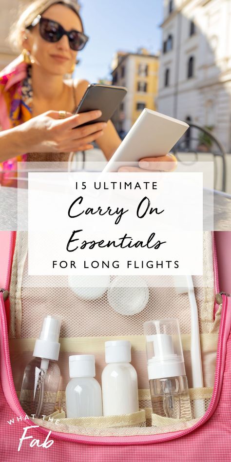 Coordinating travel logistics is stressful enough without worrying about lost bags. If your checked bag is lost or stolen, you might be scrambling for basics like toiletries, makeup, and brushes. Long haul flyers will also find it helpful to plan their carry on carefully. Click the pin to see which carry on essentials you need to include on your next flight.  Carry on essentials list, what to pack in carry on bag What To Pack In Carry On Bag For Long Flight, Long Flight Packing List, Pack In Carry On, What's In My Carry On Bag, Travel Essentials For Women Carry On, Long Haul Travel Essentials, What To Put In A Carry On Bag, Plane Essentials Carry On, Tsa Approved Carry On List