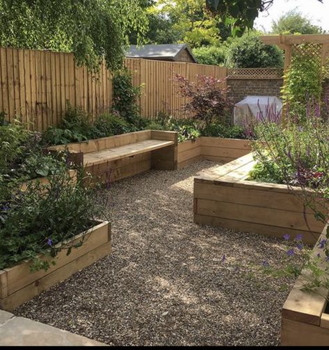 Raised Beds With Gravel Paths, Garden Bed With Seating, Raised Bed Small Garden, Raised Bed Seating, Garden Design With Raised Beds, Raised Bed With Seating, Raised Bed Garden Layout Landscaping Ideas, Diy Garden Layout, Garden Layout Design