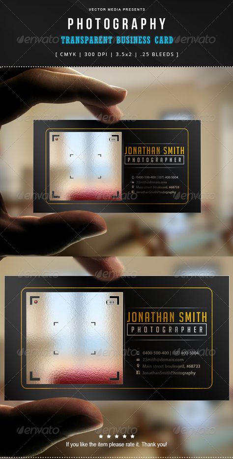 Photography - Transparent Business Card | Download: http://graphicriver.net/item/photography-transparent-business-card/7606176?WT.ac=category_thumbWT.z_author=VectorMediaref=ksioks Business Card Ideas Photography, Item Photography, Transparent Business Cards, Unique Business Cards Design, Buisness Cards, Business Cards Photography, Photographer Business Cards, Cars Design, Name Card Design