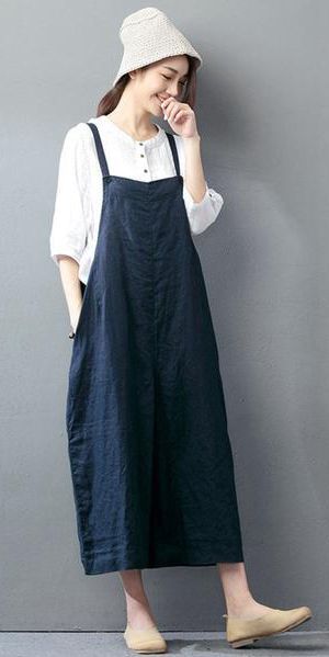 NAVY BLUE COTTON LINEN CASUAL LOOSE OVERALLS BIG POCKET MAXI SIZE TROUSERS FASHION JUMPSUIT Overalls Big, Fashion Hijab Casual, Style Hijab Casual, Big Size Outfit, Loose Overalls, Big Size Fashion, Casual Hijab Outfit, Big Pocket, Linen Casual