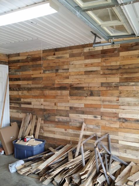 Garage Transformed Into Super Pallet Garage! Pallet Wall Decor & Pallet Painting Pallet Walls & Pallet Doors Pallet Door, Pallet Wall Decor, Metal Tree Art, Pallet Walls, Garage Remodel, Wood Pallet Wall, Garage Interior, Metal Tree Wall Art, Garage Makeover