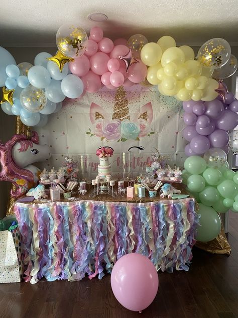 Unicorn Dessert Table, 4 Birthday Party, Unicorn First Birthday, Unicorn Desserts, Party Cake Table, Party Dessert Table, 4 Birthday, Baby's First Birthday, Unicorn Theme