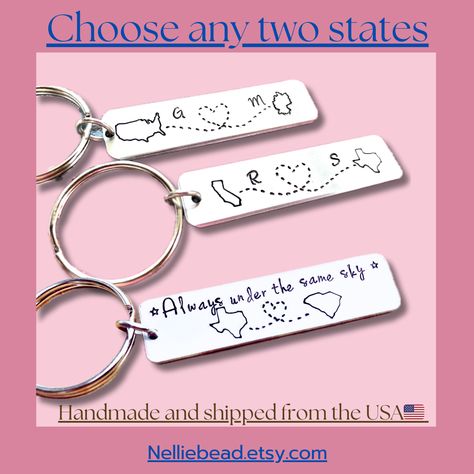 Two State Custom Keychain by Nelliebead Handmade and Shipped from the USA 🇺🇸. This two-state customized keychain makes an adorable gift for friends, family and long distance lovers. Choose from all 50 states, the USA, UK, Africa, Australia, and Germany. #BFFBuzzfeed, #Etsy, #LongDistance, #Uniquegifts, #LongDistanceRelationships, #Giftideas, #Nelliebead, #StateKeychain Long Distance Lovers, Chillicothe Ohio, Customized Keychain, Long Distance Friends, Distance Relationships, All 50 States, Long Distance Relationship, Custom Keychain, 50 States