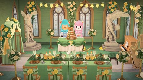 ACNH, Nintendo Switch, boda, wedding, wedding event, banquet, ACNH desing, ACNH wedding Animal Crossing Wedding, Yellow Objects, Acnh Garden, Pocket Camp, Animal Crossing Pocket Camp, Camp Ideas, Wedding Banquet, Green And Yellow, Wedding Themes