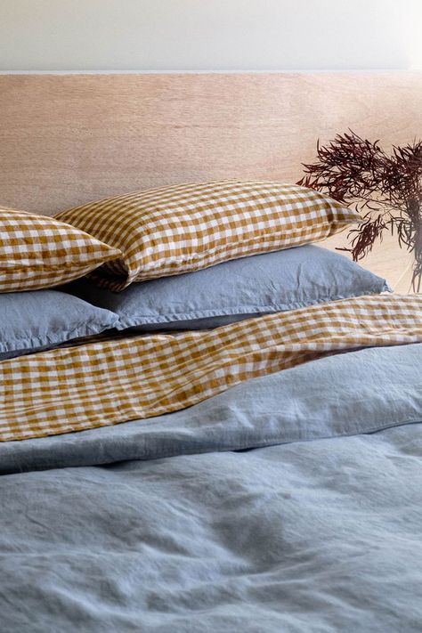 Gingham Bedding, Gingham Linen, Linen Bedding, Gingham, Blankets, Honey, Pillows, Bed