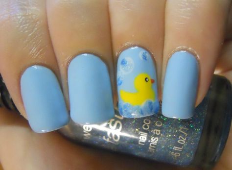 Rubber Duck Nail Art, Rubber Duck Nails, Thanksgiving Makeup Look, Gender Reveal Nails, Duck Race, Freehand Design, Half Moon Manicure, Thanksgiving Makeup, Moon Manicure