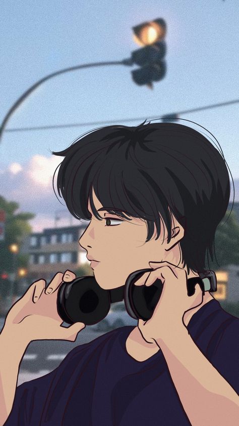 Anime manhwa boy putting on headphones Headphones On Neck Reference, Wearing Headphones Drawing Reference, Boy With Headphones Drawing, Headphones Around Neck Drawing, Headphones Pose, Headphones Reference, Headphone Drawing, Outfit Cowo, Headphones Drawing