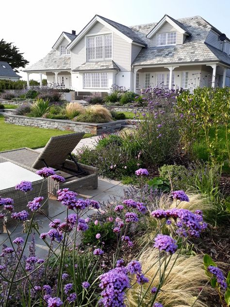 Large Coastal Garden - Jo gardens Coastal Gardens Uk, Poolside Landscape Ideas, Coastal Houses, Cornwall House, Coastal Garden, Seaside Garden, Sun Loving Plants, Coastal Gardens, Formal Garden