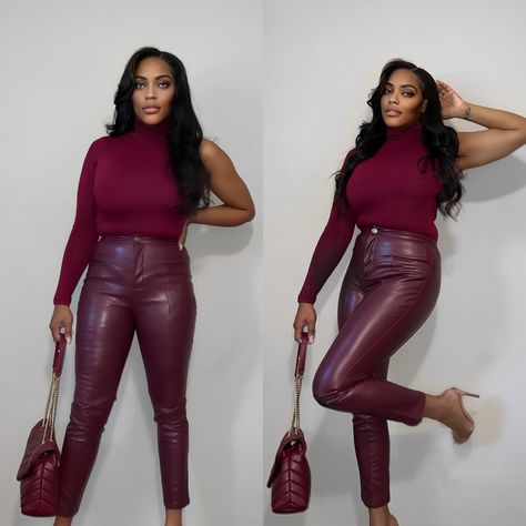 Burgundy leather pants outfit fall fashion fall outfit Plum Leather Pants Outfit, Burgundy Thanksgiving Outfit, Colored Leather Pants Outfit, Peather Pants, Burgundy Faux Leather Pants Outfit, Red Faux Leather Pants Outfit, Burgundy Outfit Black Woman, All Burgundy Outfit, Burgundy Outfit Ideas Color Combos