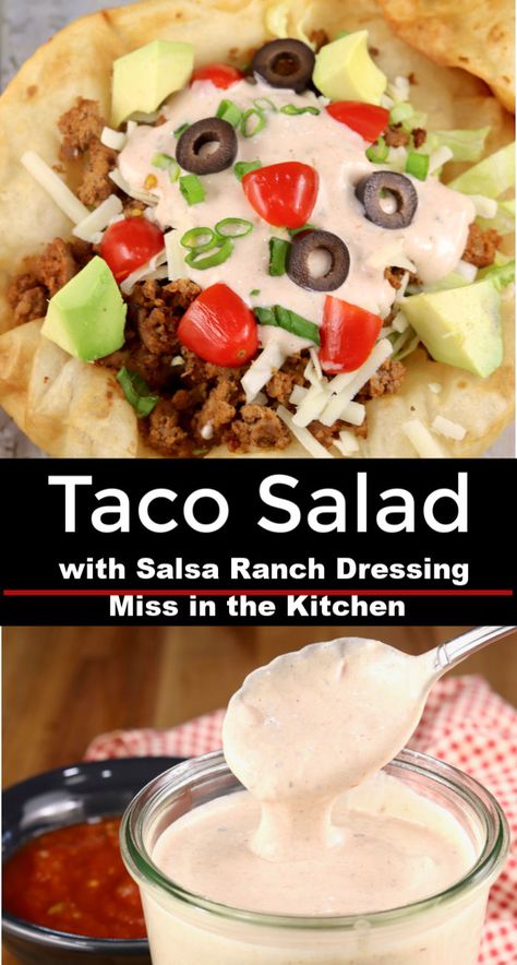 Salsa Ranch Dressing, Easy Taco Salad Recipe, Taco Salad Dressing, Taco Salad Doritos, Salsa Ranch, Taco Salad Bowls, Keto Taco Salad, Taco Toppings, Chicken Taco Salad