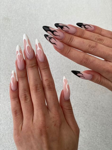 Long nails, flame nails, black and white nails, nails, pretty nails, tan, tan skin Almond Nails With Flames, Flame Nails Long, Heart Flame Nails, Nails With Flames, Long Nails Almond, Heart Flame, Flame Nails, Long Almond, Nails Almond