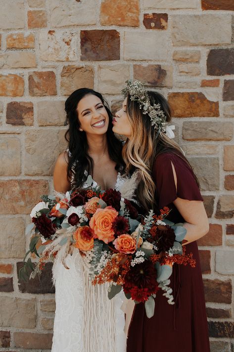 Fall Boho Wedding// White Rock Lake// Tyler + Kyle | Dallas Wedding Florist R Love Floral Design Burgundy And Burnt Orange Wedding, Bridesmaid Dresses Burgundy, September Wedding Colors, Orange Wedding Bouquet, Burgundy And Orange, Burnt Orange Wedding, Dresses Burgundy, White Bridal Gown, Orange Wedding Flowers