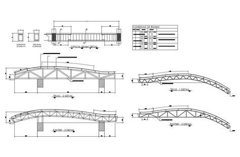 Typical beam and truss of house cad structure details that includes a detailed view of truss details, beam details, beam schedule details, support along, mid support details, dimensions details and much more of structure details. Truss Structure Architecture Building, Structural Details Architecture, Steel Structure Section, Structure System Architecture, Truss Structure Architecture, Steel Structure Detail, Steel Structure Architecture, Cantilever Structure, Space Truss