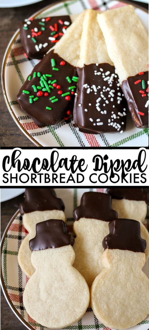 Chocolate Dipped Shortbread Cookies are a simple, from-scratch, shortbread cookie dipped in dark chocolate that's perfect for dunking in milk, coffee, hot chocolate...Santa won't be disappointed with these shortbread Christmas cookies! | www.persnicketyplates.com #christmascookies #shortbread #easyrecipe #baking #cookies #chocolate #sprinkles Shortbread Christmas Cookies, Chocolate Dipped Shortbread Cookies, Dipped Shortbread Cookies, Chocolate Dipped Shortbread, Shortbread Christmas, Dinner Recipes Ideas, Chocolate Chip Shortbread Cookies, Salted Caramel Mocha, Chocolate Shortbread Cookies