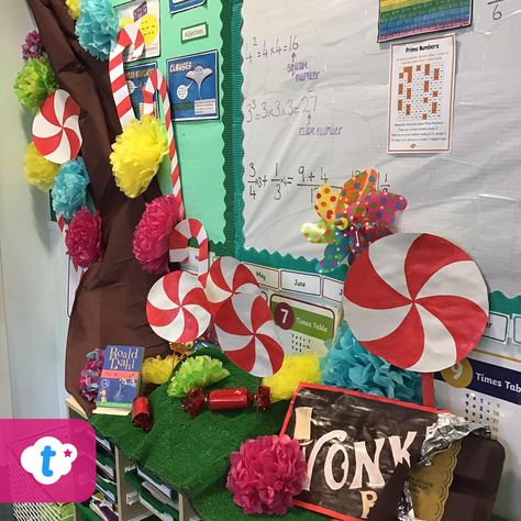 This Charlie and the Chocolate Factory inspired classroom display is amazing! Danielle's class had a great time reading the book in this colourful set up. If you're reading this popular book, click to download our free supporting teaching resources from the Twinkl website. #charlieandthechocolatefactory #willywonka #roalddahl #childrensbooks #classroomdisplay #classroomideas #classroominspiration #teachingresources #teacher #twinkl #twinklresources #roleplayarea #reading #freeteachingresources Charlie And The Chocolate Factory Bulletin Board, Charlie And The Chocolate Factory Themed Party, Roald Dahl Decorations, Charlie And The Chocolate Factory School Project, Charlie And The Chocolate Factory Room Transformation, Charlie And The Chocolate Factory Classroom, Charlie And The Chocolate Factory Classroom Display, Charlie And The Chocolate Factory Decor, Charlie And Chocolate Factory Activities