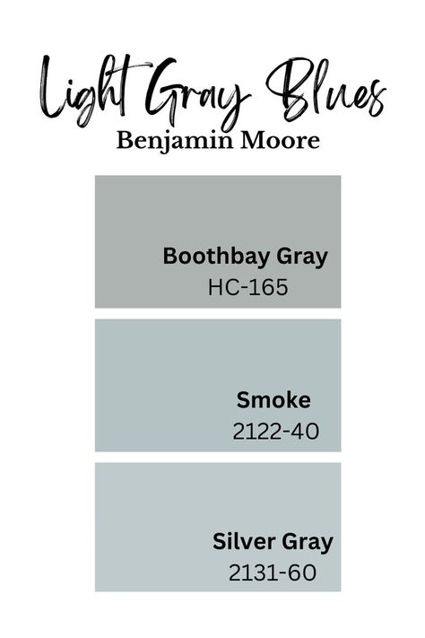 Light Blue Gray paint colors from Benjamin Moore: Smoke, Silver Gray, BoothBay Gray Light Gray Blue Paint Colors, Gray Blue Paint Colors, Grayish Blue Paint Colors, Benjamin Moore Paint Colors Blue, Benjamin Moore Paint Colors Gray, Dark Blue Grey Paint, Boothbay Gray, Silver Grey Paint, Light Blue Grey Paint