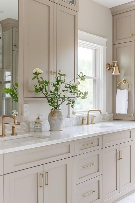 Bright And Airy Master Bath, Master Bath Cabinet Color Ideas, Main Level Bathroom Ideas, Small Bathroom Remodel Neutral Colors, White Cabinet Bathroom Ideas Master Bath, Wood Look Bathroom Floor, Cream Cabinet Bathroom, Creamy Bathroom Cabinets, Bathroom Remodel Neutral Color Schemes