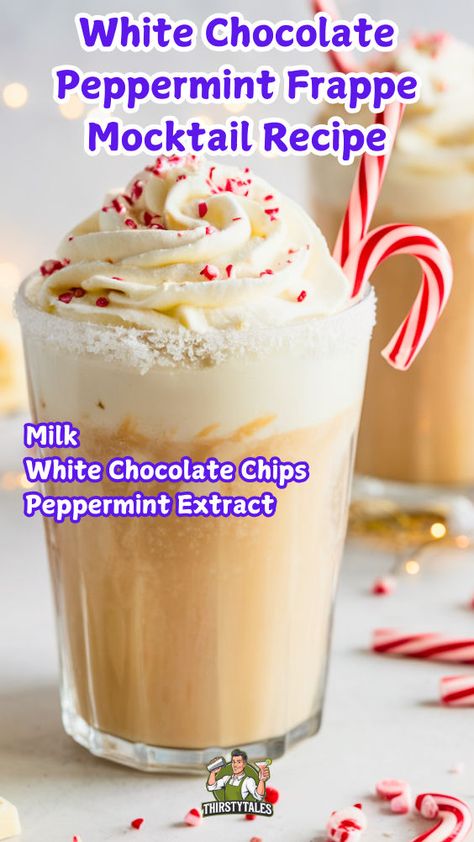 "Indulge in the ultimate winter treat with this White Chocolate Peppermint Frappe Mocktail Recipe! Perfect for the holiday season, this festive beverage combines creamy white chocolate and refreshing peppermint for a delightful non-alcoholic cocktail. Ideal for holiday gatherings, this easy-to-make white chocolate frappe will impress guests and satisfy your sweet cravings. Enjoy this delicious peppermint mocktail as a signature drink for all your holiday drinks!" White Chocolate Frappe, Peppermint Frappe, Chocolate Frappe, Christmas Drinks Nonalcoholic, Drinks Nonalcoholic, Christmas Drinks Recipes, Frappe Recipe, White Chocolate Peppermint, Alcohol Free Drinks