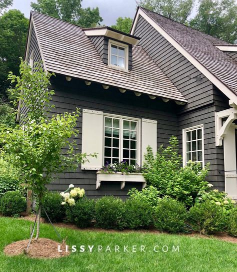 Dark Siding, Large Shutters, Gravel Drive, Sherwin Williams Exterior, Lake Houses Exterior, House Shutters, Cedar Shakes, Cabin Exterior, Dark House