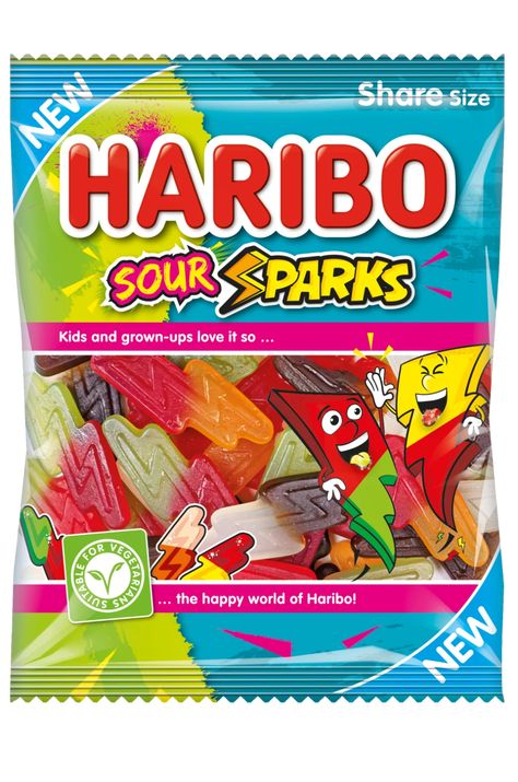 British Snacks, Haribo Sweets, Flavour Combinations, Haribo Candy, Gummy Sweets, Vegetarian Sweets, Sour Fruit, Lighting Bolt, Tartaric Acid